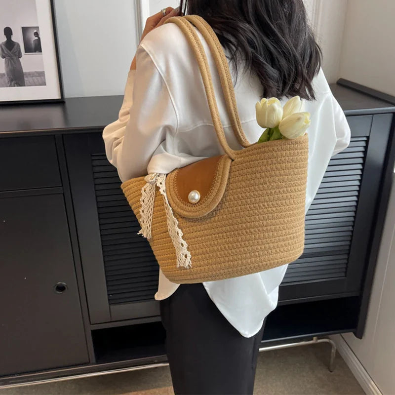 eybag Women's Woven Shoulder Bag New Large Capacity Tote Bag Casual Knit Beach Vacation Handbags Eco Reusable Shopper Pearl Decoration