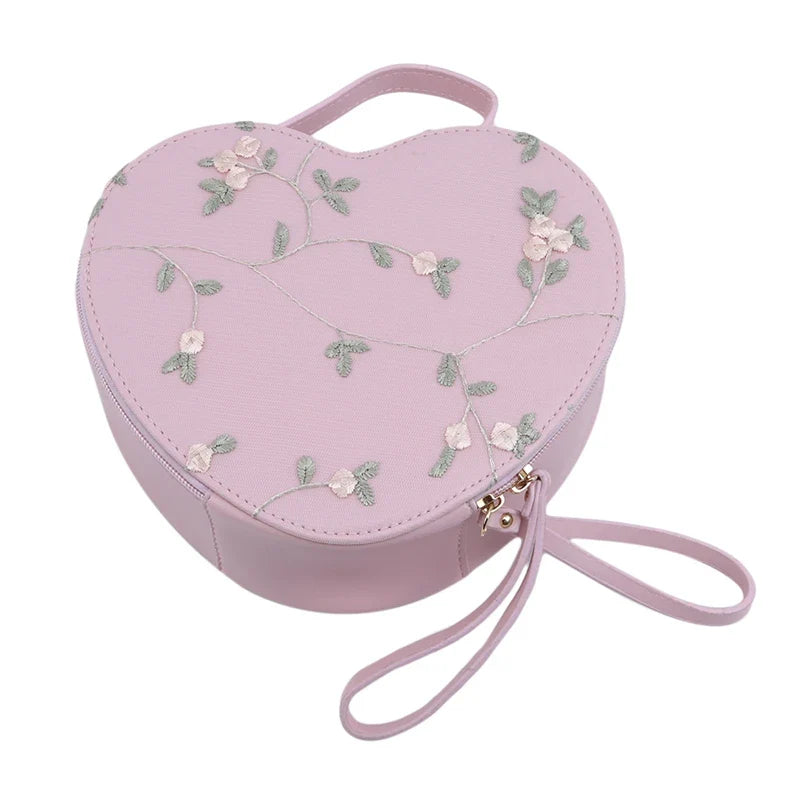 eybag Pink Aesthetic Lace Flower Embroidered Heart-shaped Handbag with zipper closure and chain bag