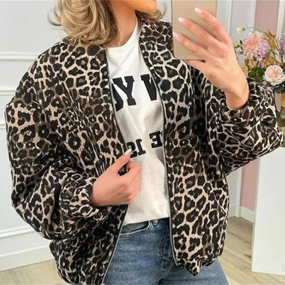 eybag Women Zipper Leopard Jacket Fashion Retro Long Sleeve Coat 2024 New Autumn Winter Female Jackets High Street Outwear Warm Coats