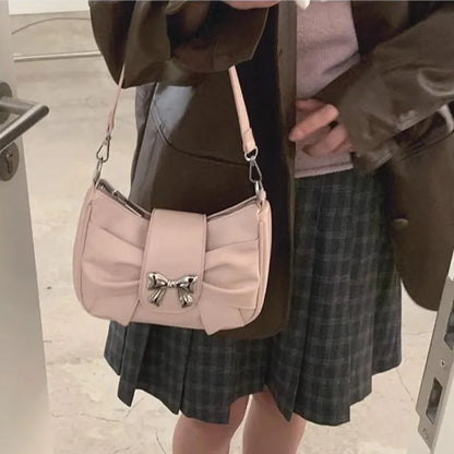 eybag Pink Bow Womens Shoulder Bag Korean Fashion College Style Elegant Handbag Square Pleated Sweet Casual Leather Armpit Bag