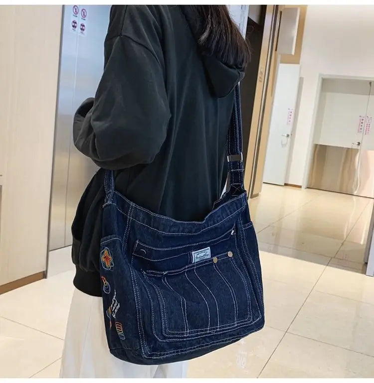 eybag Vintage Denim Handbag Women Retro Grunge Print Punk Casual Crossbody Bags Female Harajuku Y2k Messenger Bag Aesthetic