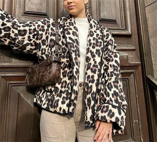 eybag Vintage Leopard Print Quilted Jacket Women Loose Casual Coat 2024 Autumn Winter New In Clothes Street Cardigan Jackets Outfit