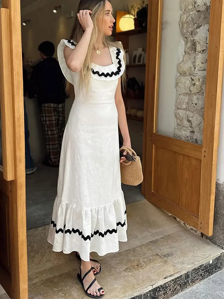 eybag Summer Elegant Contrasting Ruffles Pleated Long Dress Chic Women Square Collar Sleeveless Slim Maxi Dresses Lady Vacation Robes