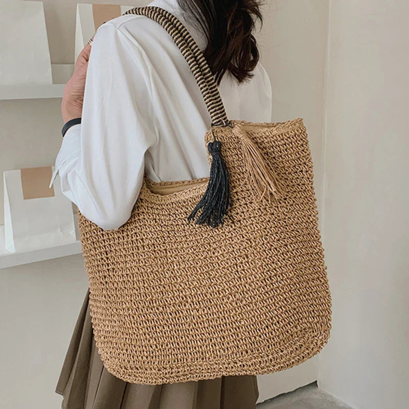 eybag Fashion Straw Weave Tassel Women Shoulder Bags New Female Handbags Large Capacity Summer Beach Straw Bags Casual Tote Purses