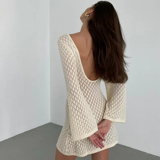 eybag Beige Knitted Hollow Out Mini Dress Women Long Sleeve Backless Slim Summer Beach Dress Female Fashion Sexy Cover-Ups 2024