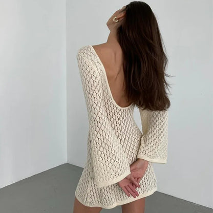 eybag Beige Knitted Hollow Out Mini Dress Women Long Sleeve Backless Slim Summer Beach Dress Female Fashion Sexy Cover-Ups 2024