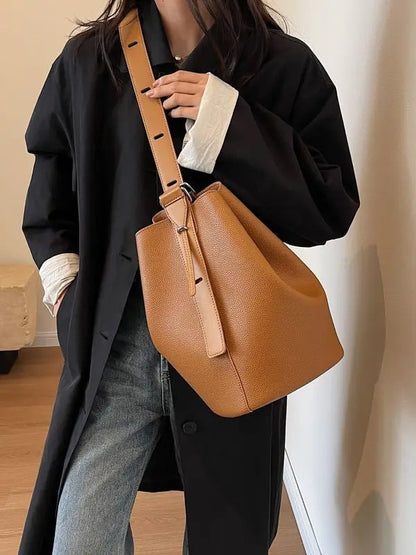 eybag Soft Cowhide Minimalism Women Bucket Bag Elegant French Style Lady Large Tote Bag Luxury Thick Leather Bag