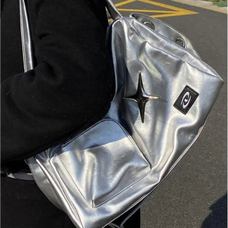 eybag - Silver Y2k Tote Bags for Women Aesthetic Luxury Designer Large Capacity Shoulder Bag Commuter Pu Leather Shopper Handbag