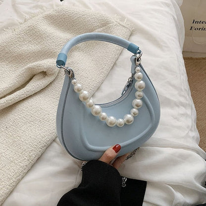 Lkblock Kawaii Tote PU Leather Half Moon Armpit Bag with Pearl Short Handle 2022 Women's Designer Handbag Luxury Shoulder Crossbody Bag