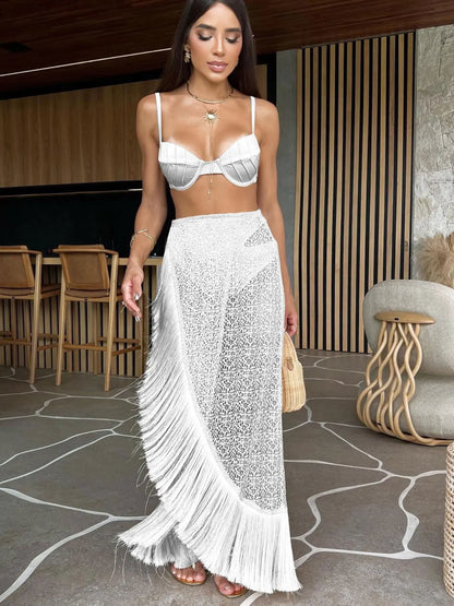 eybag Sexy 3/4Pieces Push Up Bikini Set Women Swimsuit High Waist Perspective Tassel Skirt Beach Outing Bathing 2024 Feminine Swimwear