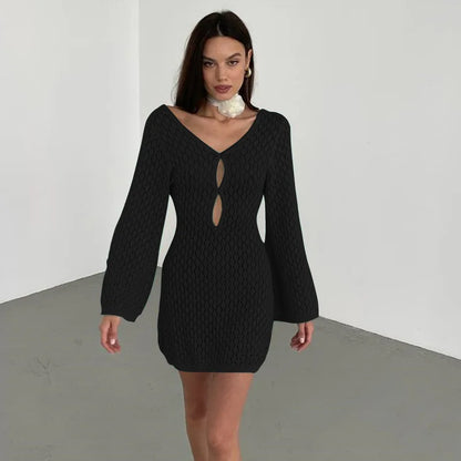 eybag Beige Knitted Hollow Out Mini Dress Women Long Sleeve Backless Slim Summer Beach Dress Female Fashion Sexy Cover-Ups 2024