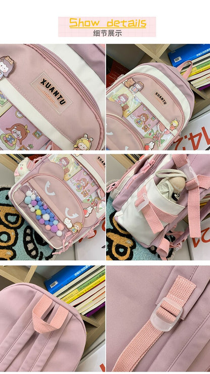 eybag New Multi-pocket Pink Kawaii Girls School Backpack For Teenager Female Book Schoolbag Women Transparent PVC  Nylon Mochila