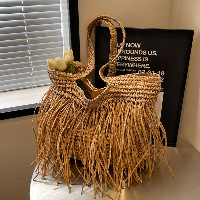 Lkblock Fashion Women's Straw Bags 2024 Quality Handmade Rattan Beach Bag Summer Travel Handbags And Purses Straw Female Shoulder Bags