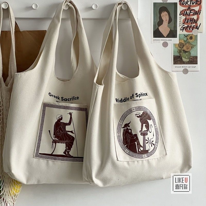 eybag Canvas Tote Bags for Women 2022 Large Ladies Cotton Cloth Handbag Greek Temple Print Female Shoppers Reusable Shopping Beach Bag