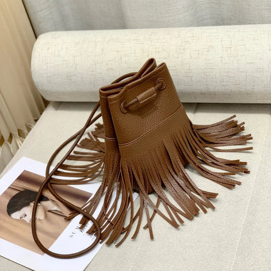 eybag Fashion Tassels Women Crossbody Bags Small Bucket Shoulder Bag for Ladies Handbg Soft PU Leather Femal Phones Messenger Bag