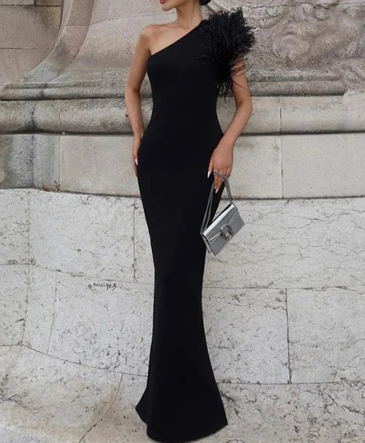 eybag Black Sleeveless One Shoulder Feather Maxi Dress For Women Bodycon Sexy Party Elegant Long Dress Birthday Evening Outfit