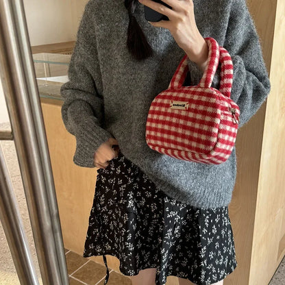 eybag Vintage Cute Handbag for Women Red Plaid Letter Soft Kawaii Crossbody Bag Autumn Winter New Luxury Designers Shoulder Bag