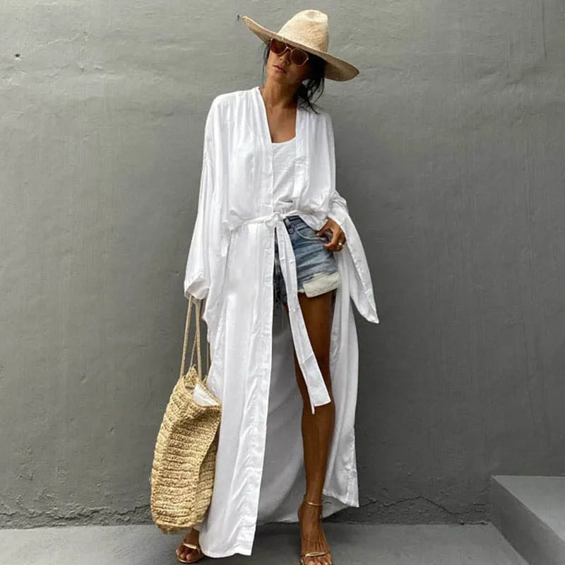 eybag Solid Beach Cover Up Women Self Belted Wrap Kimono Dress Swimsuit 2022 New Robe Summer Beachwear Factory Supply