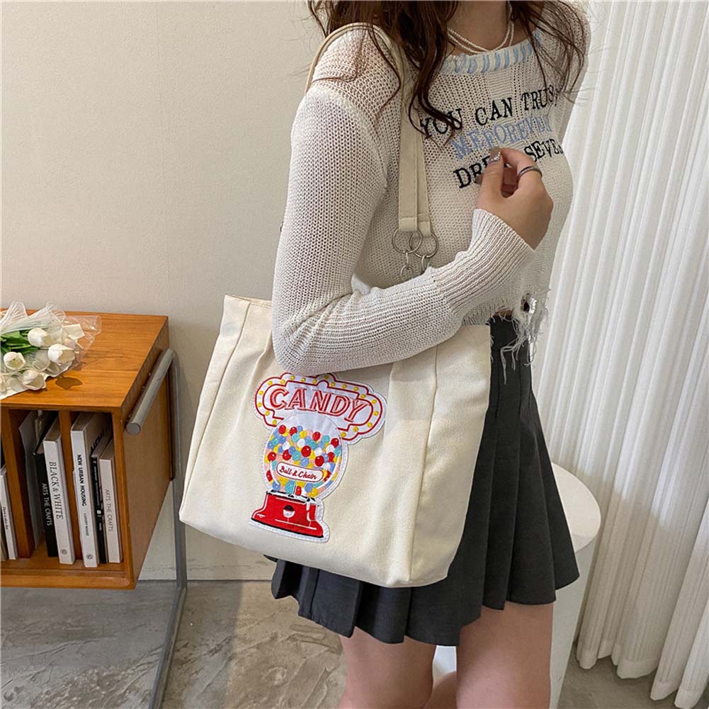 eybag Women Canvas Shoulder Bag for Students Teens Girls Ladies Casual Handbag Pink Embroidery Tote Large Capacity Shopping Beach Bag