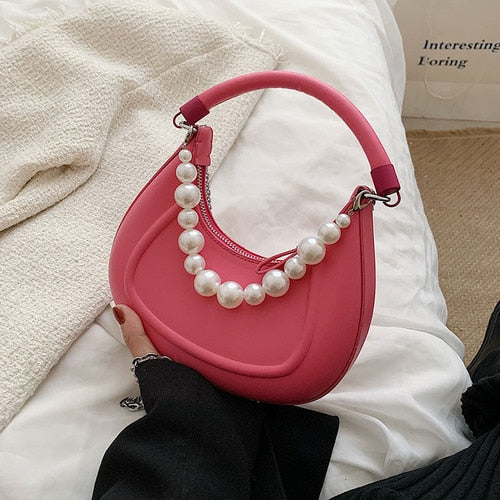 Lkblock Kawaii Tote PU Leather Half Moon Armpit Bag with Pearl Short Handle 2022 Women's Designer Handbag Luxury Shoulder Crossbody Bag