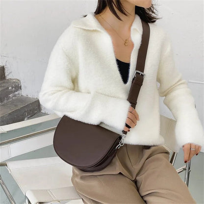 eybag - Retro Solid Color Saddle Bag High Quality Leather Shoulder Bags for Women 2023 New Simple Ladies Crossbody Bag Designer Handbags