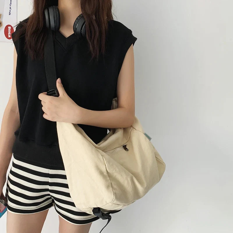 eybag Canvas Women Shoulder Bag Large Capacity Ladies Shopping Bags Casual Crossbody Bags Solid Color Student Messenger Bag