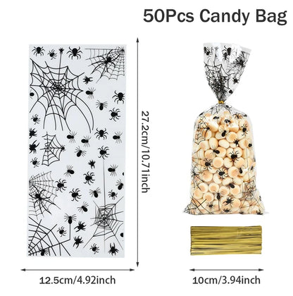 eybag 50Pcs Halloween Candy Bag Pumpkin Skull Bat Plastic Bags Happy Halloween Party Supplies Cookie Packaging Halloween Party Decors