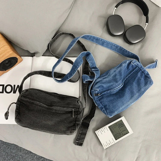 eybag Simple Solid Women Canvas Bag Female Washed Denim Shoulder Bag Girl Boy Leisure Crossbody Bag College Student Travel Handbag