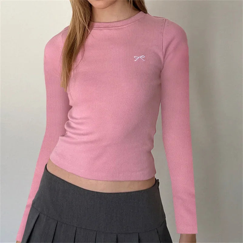 eybag Women Y2K Crop Tops Long Sleeve Ribbed Knit Shirts Cute Bow Embroidery Tee Shirts Teen Girls Slim Fitted Baby Tees