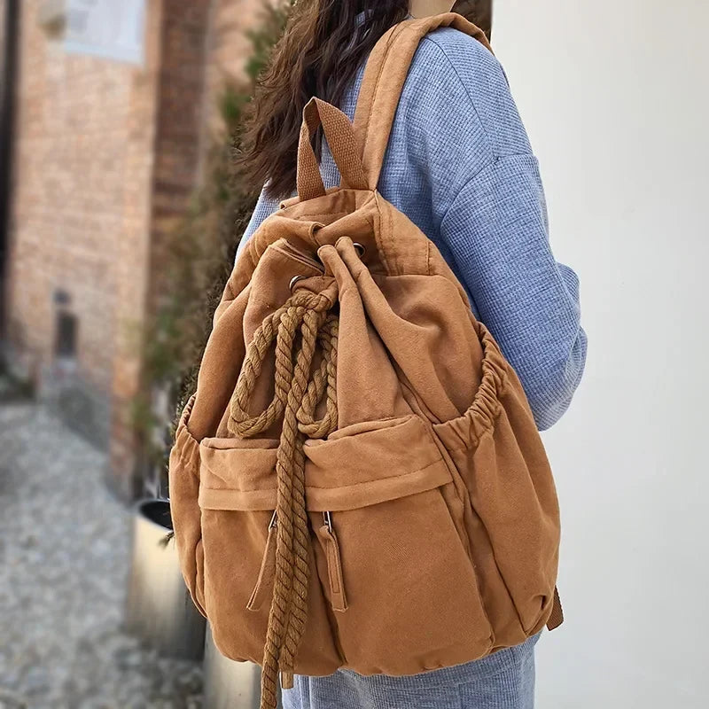 eybag Canvas Vintage Girl Leisure Drawstring Book Bag Female Brown Laptop College Backpack Women Travel School Bag Fashion Cool