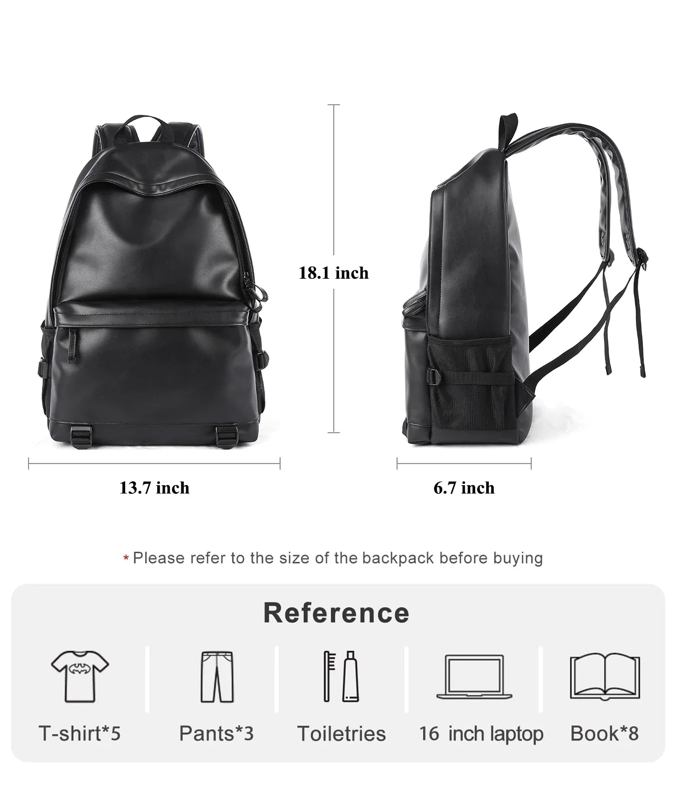 eybag Black Leather Backpack for Men Business Travel Waterproof Daypack PU 16 inch Laptop Backpack