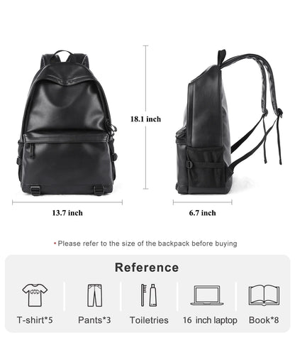 eybag Black Leather Backpack for Men Business Travel Waterproof Daypack PU 16 inch Laptop Backpack