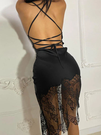 eybag Lace Patchwork Satin Mini Dress Women Bodycon Sexy Lace Up Backless Short Dress Party Elegant Clothes Birthday Evening