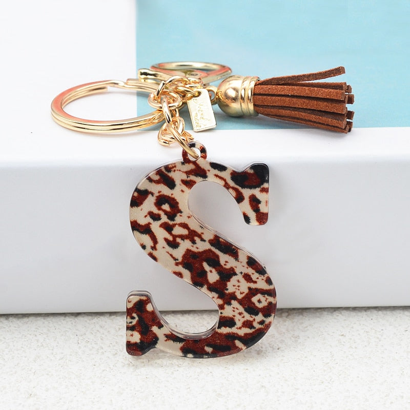 Lkblock Fashion Acrylic Leopard Letter Keychain With Tassel Fashion Couple 26 A-Z Initial Letter Pendant With Key Ring For Women Bag