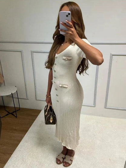 eybag Elegant Knitted Long Dress Women Summer V Neck Single Breatsed Short Sleelve Bodycon Dresses Fashion Party Office Lady Vestidos