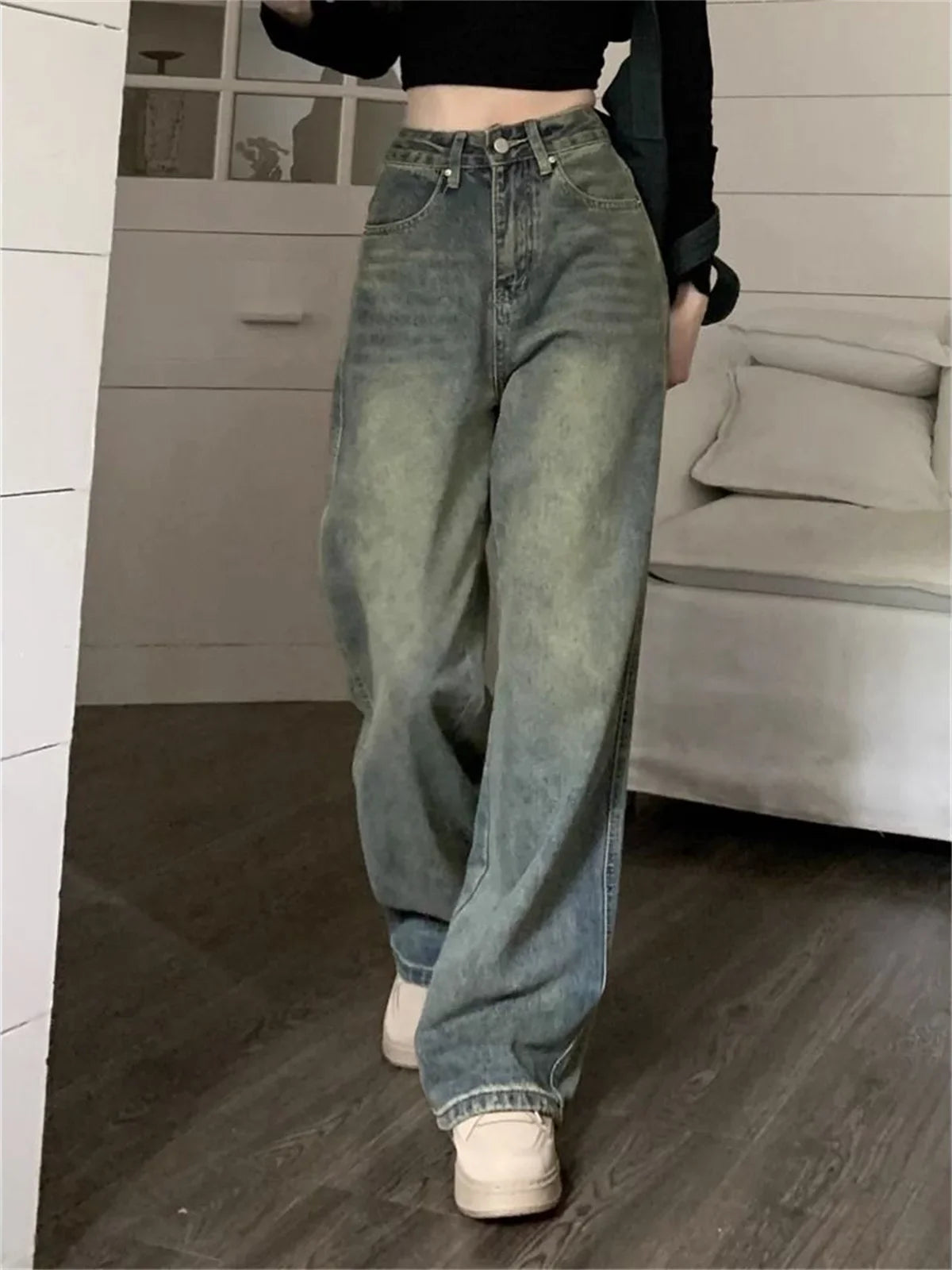 eybag Y2k Wide Leg Women Pants Vintage Blue Jeans Casual 2024 New Washed Pant Streetwear Denim Trousers Femme Baggy Clothes Chic Basic