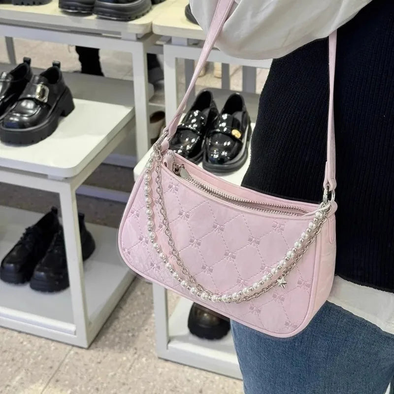 eybag Pink Womens Shoulder Bag Elegant Cute Bow Pearl Chains Bow Embroidery Handbag Casual Leather Korean Fashion Female Handbag