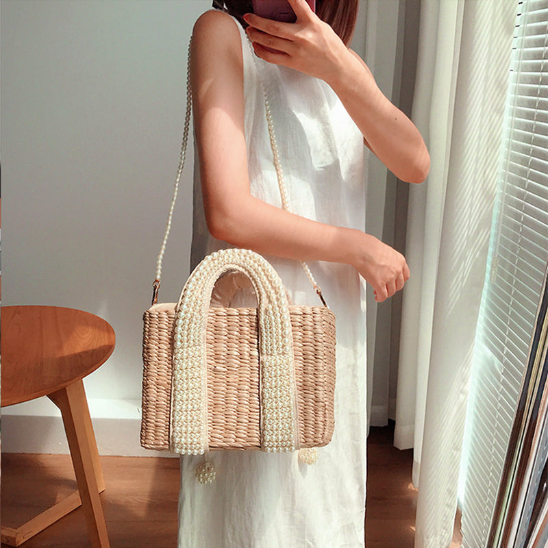 Lkblock Hand Woven Straw Beach Bags for Women 2022 Summer Luxury Designer Handbag with Pearls Drawstring Chain Shoulder Tote Bags