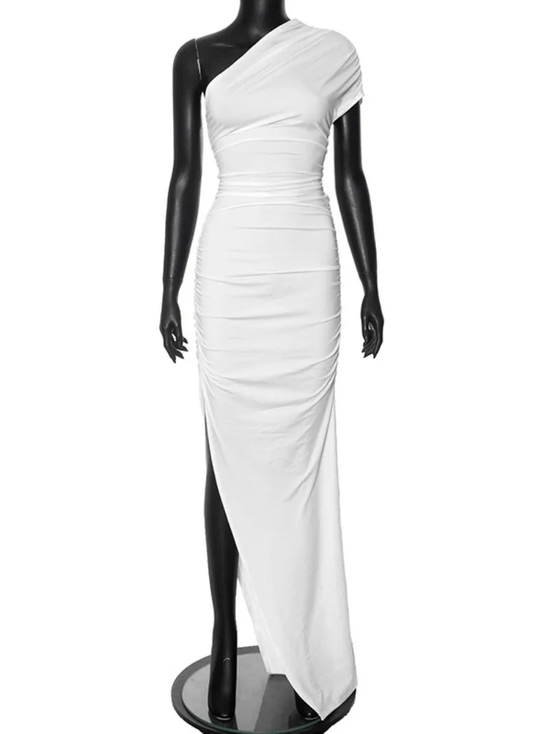 eybag 2024 Women One Shoulder High Waist Tunics Split Asymmetrical White Dress Streetwear Elegant Female Folds Slim Long Maxi Dresses