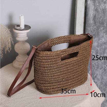 eybag Summer Woven Straw Handbag Women Contrast Color Cotton Rope Beach Bag Travel Large Capacity Tote Shopping Handle Bags