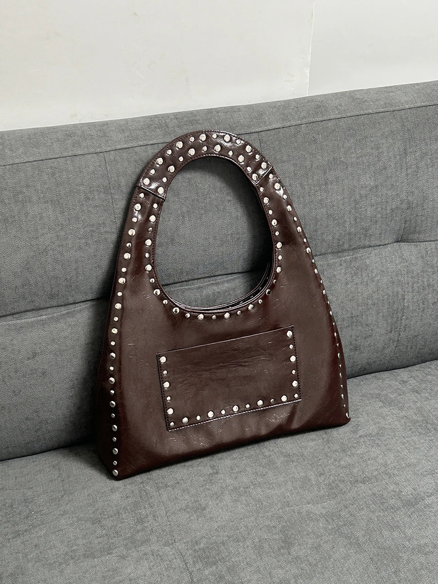 eybag 24 New Retro Rivet Decorative Shoulder Bag European and American Motorcycle Wind Oil Wax Leather Armpit Handbag for Women