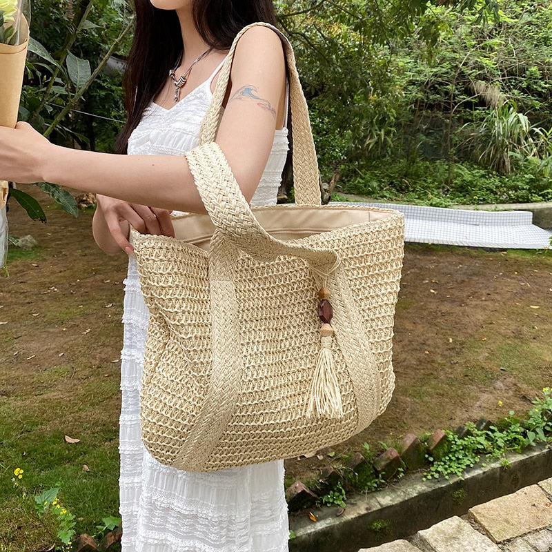 eybag 2023 Straw Braided Bag Hand-woven Simple Handbag Holiday Beach Shoulder Bag Casual Trend Women Large Capacity Tote Shopping Bags