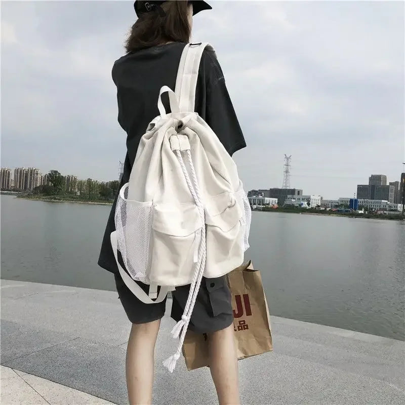 eybag Korean Versatile Retro Drawstring Backpack Canvas Casual Large Capacity Student Schoolbag Women's Shoulder Bag Universal Bag