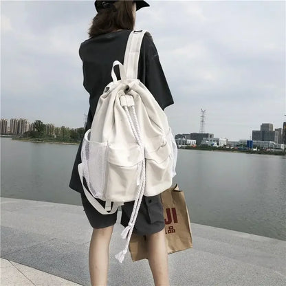 eybag Korean Versatile Retro Drawstring Backpack Canvas Casual Large Capacity Student Schoolbag Women's Shoulder Bag Universal Bag