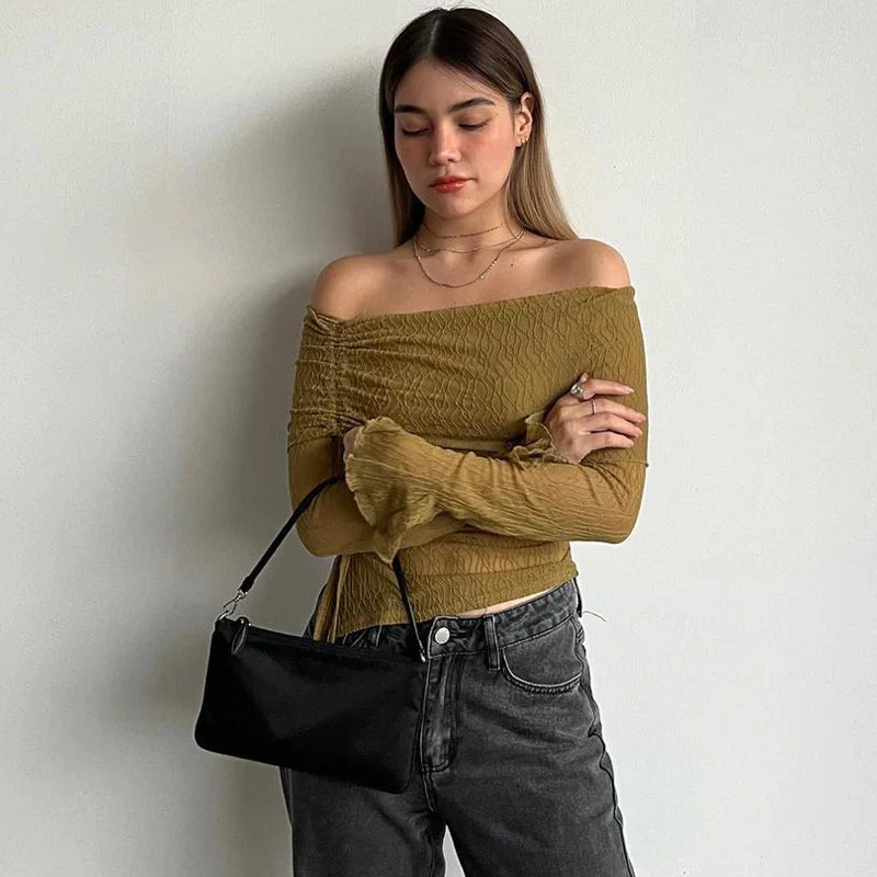 eybag Off The Shoulder Long Sleeve Shirring Solid Mesh Women'S Top Tshirts Y2K Outfit Elegant Streetwear Wholesale Clothing