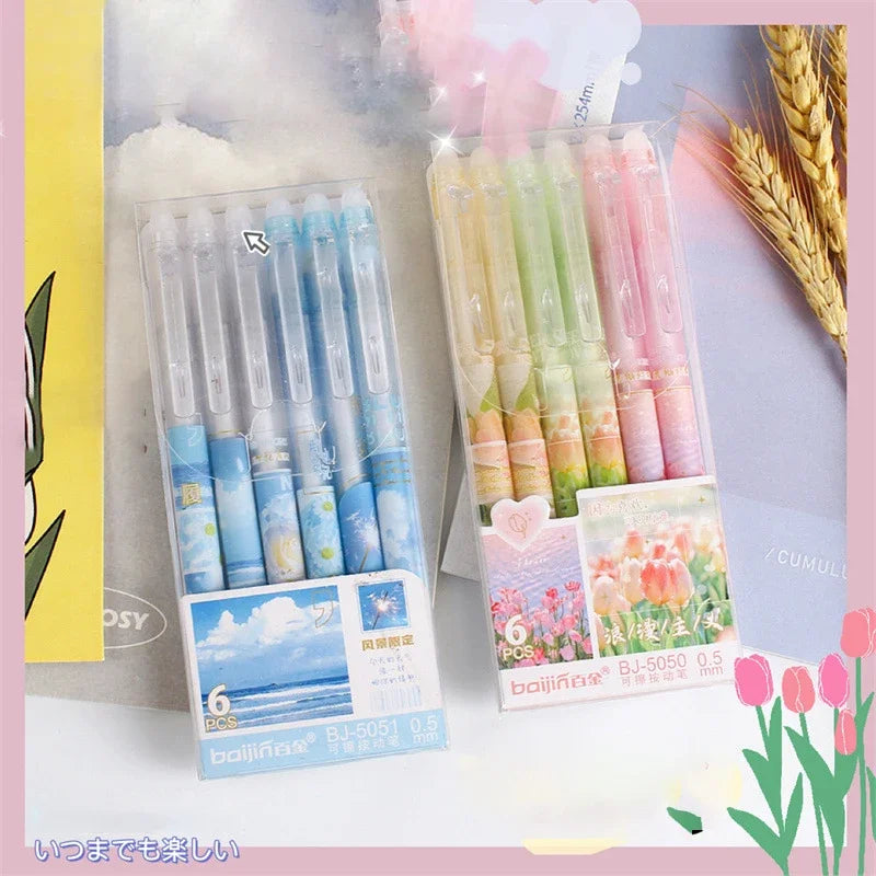 eybag 6pcs Erasable Gel Pens Romantic Flowers Blue Black Ink Signature Pens with Erasers 0.5mm Cute Pens Writing Tools Office School