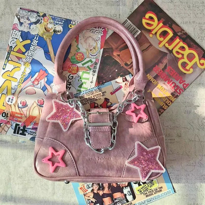 eybag Y2k Pink Shoulder Bag Women'S Star Pattern Pu Leather Underarm Harajuku Tote Chain Cross Body Handbag Cool Hiphop Zip Purses