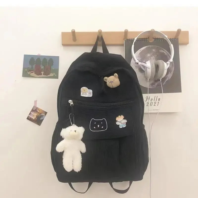 eybag Soft Zipper Corduroy Schoolbag Female Harajuku High School College Student Versatile Stripe Velvet Backpack Cute Backpack