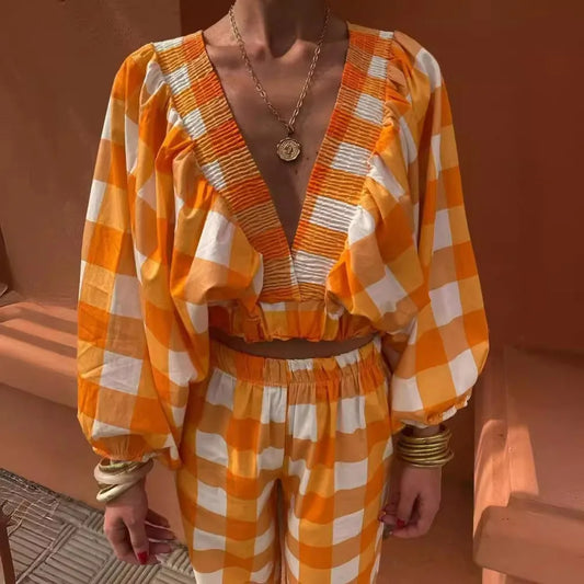 eybag Causal Plaid Two Piece Set Women Elegant Long Sleeve Crop Top and High Waist Pant Sets Summer Orange Loose Holiday Outfits 2024