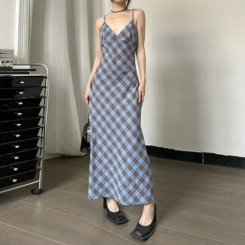 eybag Plaid Pattern V Neck Elegant Slim Women'S Dresses Party Club Casual Y2K Streetwear Daily Summer Fall Outfit